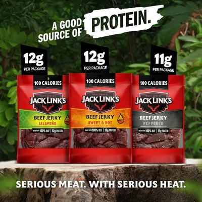Showcases the Jack Link's beef jerky product line with three flavor variants side-by-side, emphasizing the brand's variety and consistent nutritional benefits across the range. Highlights the…