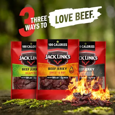 Showcases the brand's beef jerky product line with three flavor options to help shoppers understand the variety available and choose their preferred flavor.