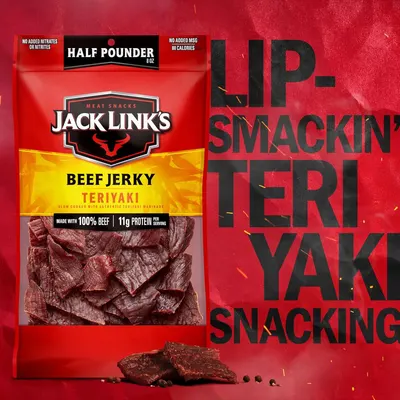 Showcases the Teriyaki flavor variant of Jack Link's beef jerky with bold branding and appetite appeal to attract shoppers looking for this specific flavor profile.