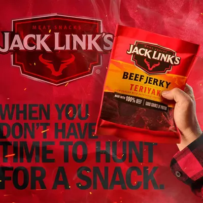 Communicates that Jack Link's beef jerky is a quick, convenient snack solution for busy moments when you don't have time to hunt for food.