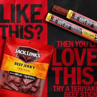 Showcases the Jack Link's brand and its teriyaki beef jerky product line (both bag and stick formats) to help shoppers understand the brand's offerings and encourage trial of the teriyaki flavor.