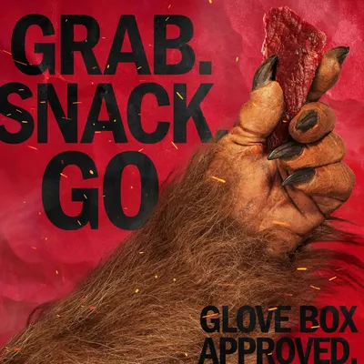 Communicates that this meat snack product is portable, convenient, and perfect for on-the-go snacking, with a humorous 'glove box approved' claim to emphasize its grab-and-go nature.