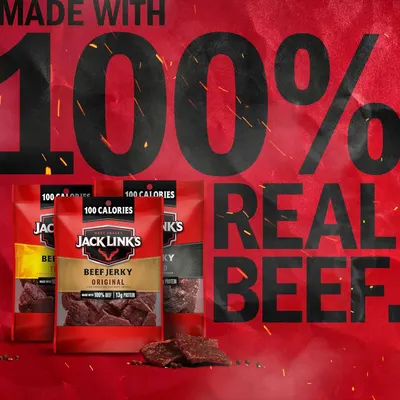 Communicates the product's quality and nutritional value by emphasizing it's made with 100% real beef, contains only 100 calories, and provides 13g of protein per serving.