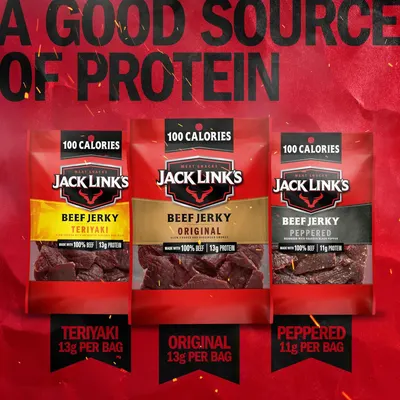 Displays the brand's product lineup side-by-side, showcasing three different beef jerky flavors (Teriyaki, Original, Peppered) to help shoppers understand the variety available and choose their…