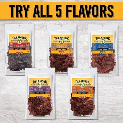 Showcases the brand's complete beef jerky product line with all five available flavors, encouraging shoppers to explore the full variety and try multiple options.