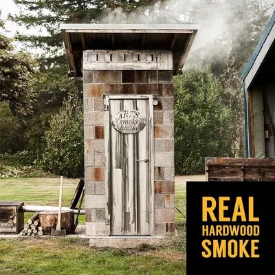 Communicates that the smokehouse uses authentic hardwood smoke, emphasizing the product's traditional, high-quality smoking method to appeal to shoppers seeking genuine flavor and craftsmanship.
