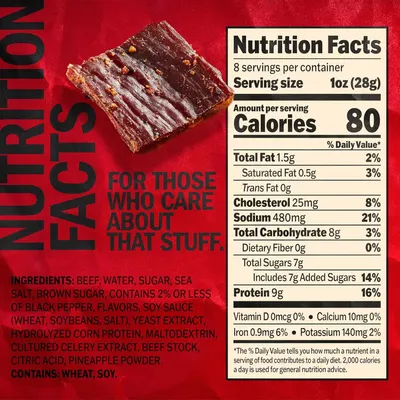 Provides comprehensive nutritional information and ingredient transparency to help health-conscious shoppers make informed purchasing decisions about this beef jerky product.