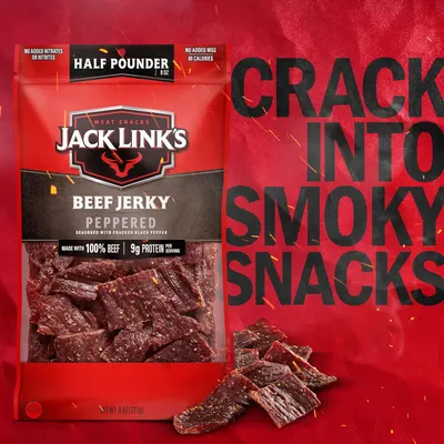 Communicates multiple product benefits including health-conscious ingredients (no nitrates, no MSG), nutritional value (low calorie, high protein), and quality (100% beef) to appeal to…
