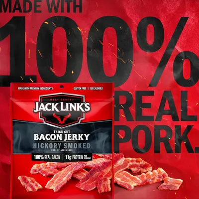 Communicates the product's authenticity and nutritional value by prominently displaying that it's made with 100% real pork and contains 11g of protein per serving, reassuring shoppers about quality…