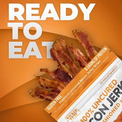 Communicates that the bacon jerky strips are ready to eat immediately, emphasizing convenience and ease of consumption for on-the-go snacking.