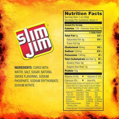 This image provides detailed nutritional information and ingredients for the Slim Jim product, helping shoppers make informed dietary decisions and understand what they're consuming.