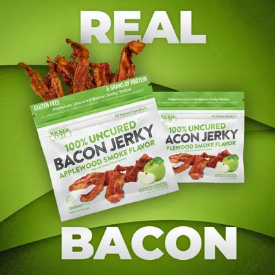 Showcases the brand's bacon jerky product line with two flavor variants (Applewood Smoke and Plewood Smoke) while emphasizing the 'REAL BACON' authenticity message to build brand trust and help…