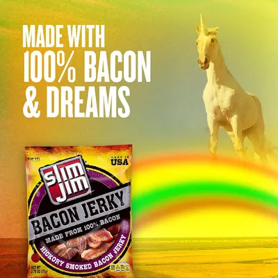 Communicates the product's key ingredient claim (100% bacon) and origin in a humorous, attention-grabbing way using whimsical imagery to create emotional appeal and memorability.
