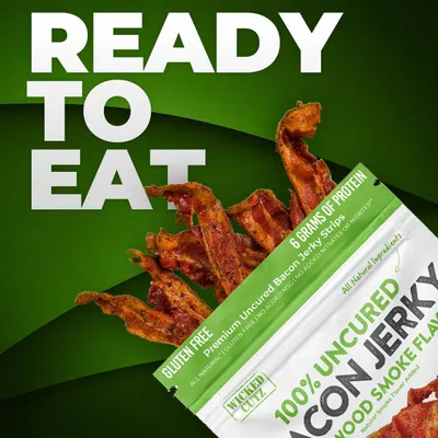 Communicates the convenience and health benefits of the bacon jerky strips, emphasizing they are ready to eat, gluten-free, and high in protein to appeal to health-conscious shoppers.