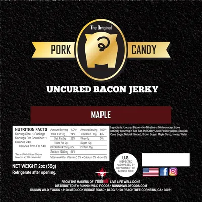 This is a product packaging label showing the brand logo, product name, flavor, nutrition facts, ingredients, and company information for Pork Candy Uncured Bacon Jerky in Maple flavor.