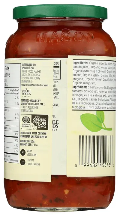 Communicates the product's organic certification, non-GMO status, and dietary attributes (vegan, low fat) to reassure health-conscious and environmentally responsible shoppers.