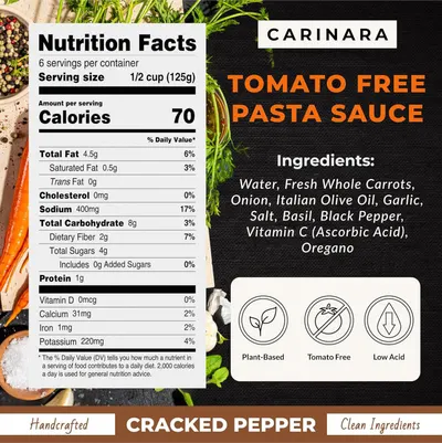 Communicates multiple selling benefits of the pasta sauce including its plant-based nature, tomato-free formulation, low acidity, clean ingredient list, and handcrafted quality to appeal to…