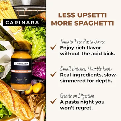 Communicates three distinct benefits of the pasta sauce: tomato-free for those with acid sensitivity, authentic small-batch preparation with real ingredients, and digestive-friendly formulation.
