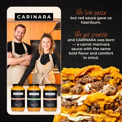 Communicates the brand's origin story and emotional connection to the founders while showcasing the product line of tomato-free pasta sauces, building trust and brand identity.