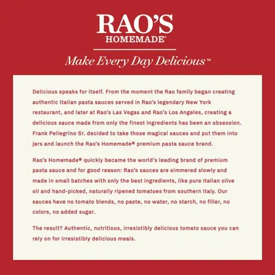 Communicates the brand's heritage, restaurant origins, and commitment to authentic Italian ingredients to build trust and position Rao's as a premium pasta sauce brand.