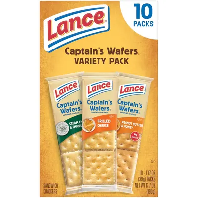 Showcases the brand's variety pack offering with multiple flavor options (Cream Cheese & Chives, Grilled Cheese, Peanut Butter & Honey) to help shoppers understand the product assortment included in…