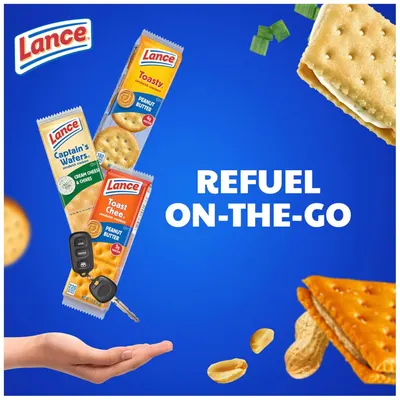 Showcases the Lance brand's variety of sandwich cracker options and positions them as convenient, portable snacks for busy, on-the-go lifestyles. Communicates that these snacks are perfect for busy…