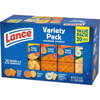 Displays the brand's variety pack lineup showing multiple flavor options (Peanut Butter, Toasty Peanut Butter, Captain's Wafers) to help shoppers understand the assortment included in this value pack.