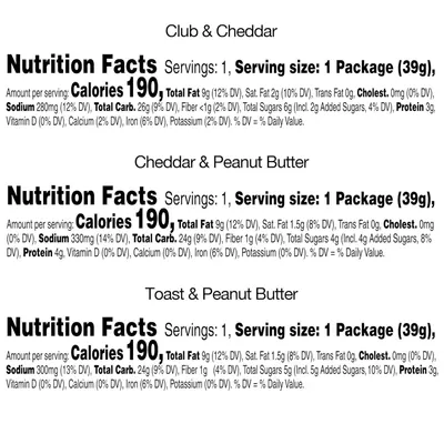 Displays the brand's product lineup by showing three different flavor variants with their respective nutrition facts, helping shoppers compare and choose between available options.