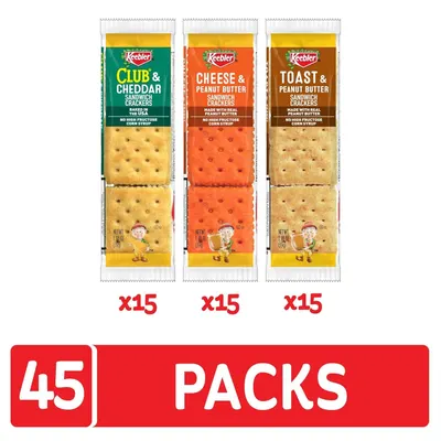 Displays the brand's product lineup showing three different Keebler sandwich cracker varieties (Club & Cheddar, Cheese & Peanut Butter, Toast & Peanut Butter) to help shoppers understand the variety…