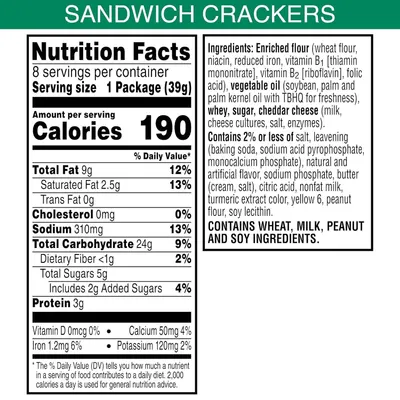 Provides mandatory nutritional information and ingredient list to inform shoppers about the product's contents, allergens, and dietary values.