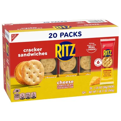 Shows the shopper exactly what they receive in the box: 20 individual packs of cracker sandwiches, helping them understand the quantity and packaging format for convenience and value assessment.