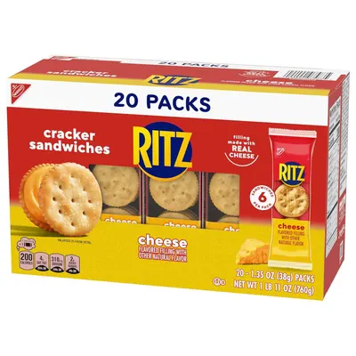 Shows the customer exactly what they receive in the box: 20 individual packs of cracker sandwiches, helping them understand the quantity and packaging format.
