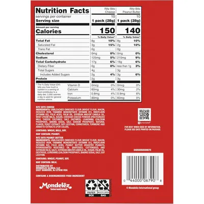 Shows the brand's product portfolio by comparing two Ritz Bits variants (Cheese and Peanut Butter) side-by-side with their nutritional information, helping shoppers choose between options.