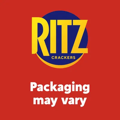 Communicates the Ritz Crackers brand identity prominently while informing shoppers that packaging design may vary from what is shown.