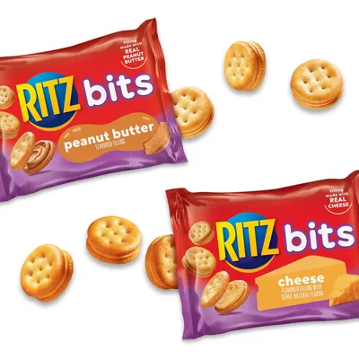 Displays the brand's product line by showing two flavor variants (peanut butter and cheese) of RITZ Bits, helping shoppers understand the available options within the product family.