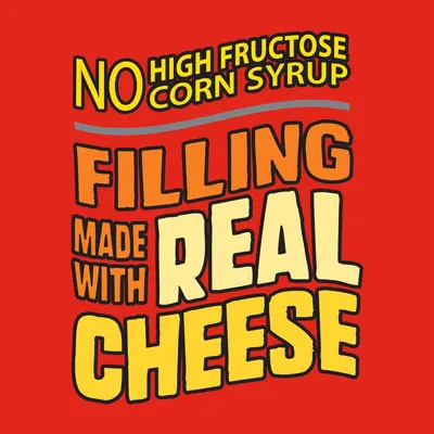 Communicates the product's quality ingredients and healthier formulation by emphasizing real cheese filling and the absence of high fructose corn syrup to reassure health-conscious shoppers.