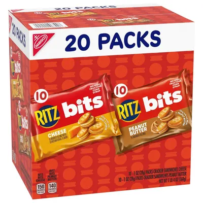 Shows shoppers exactly what they receive in the bundle: 20 individual packs of RITZ Bits in two flavors (Cheese and Peanut Butter), helping them understand the quantity and variety included.