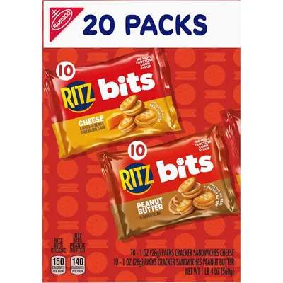 Shows shoppers exactly what they receive in the bundle: 20 individual packs split between two flavors (Cheese and Peanut Butter), helping them understand the variety and quantity included.
