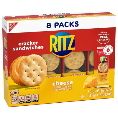 Shows the shopper exactly what they receive in the package: 8 individual packs with 6 cracker sandwiches each, helping them understand the quantity and portion structure.