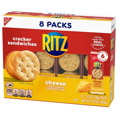 Shows the customer exactly what they receive in the box: 8 individual packs of cracker sandwiches, with a clear window displaying the product and packaging details to set expectations for quantity…