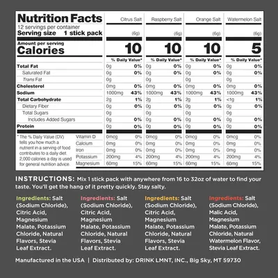 Displays the brand's product lineup of four different flavored salt stick packs (Citrus, Raspberry, Orange, Watermelon) with complete nutritional information and ingredients to help shoppers choose…