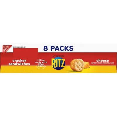 Communicates the quantity and contents of the package, highlighting that the product includes 8 packs of cracker sandwiches made with real cheese filling.