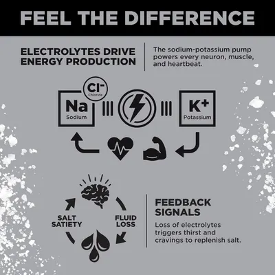 Educates shoppers on how electrolytes work in the body by explaining the sodium-potassium pump's role in energy production, muscle function, and the body's feedback loop for salt replenishment.