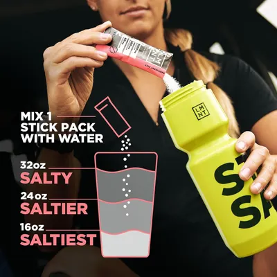 Demonstrates how to prepare the electrolyte drink by mixing one stick pack with water, showing the proper ratios for different saltiness levels to help shoppers understand usage. Provides specific…