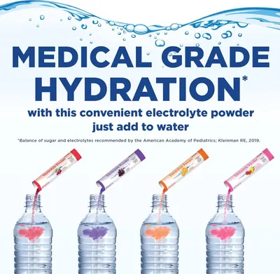 Showcases the brand's electrolyte powder product line with multiple flavor options while emphasizing the medical-grade quality and professional endorsement to build trust and help shoppers choose…