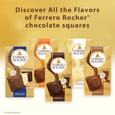 Showcases the Ferrero Rocher chocolate squares product line, highlighting the variety of flavors available (Assorted, Milk Chocolate Hazelnut Wafer, Dark Hazelnut, White Chocolate, Milk Hazelnut) to…