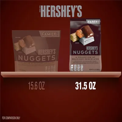 Shows the brand's product portfolio by displaying two different size options (Family Pack 15.6 oz and Party Pack 31.5 oz) of Hershey's Nuggets to help shoppers choose the right size for their needs.