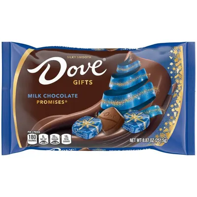 Positions the product as a holiday gift option with festive blue and gold packaging, Christmas tree imagery, and wrapped chocolates to appeal to seasonal shoppers.