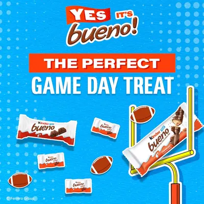 Positions Kinder Bueno as the ideal snack for game day and sports viewing occasions, creating a usage context that encourages purchase for specific events.