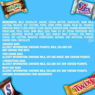 Shows the different candy bar varieties included in the pack and provides detailed ingredient and allergy information for each product to help shoppers make informed purchasing decisions.